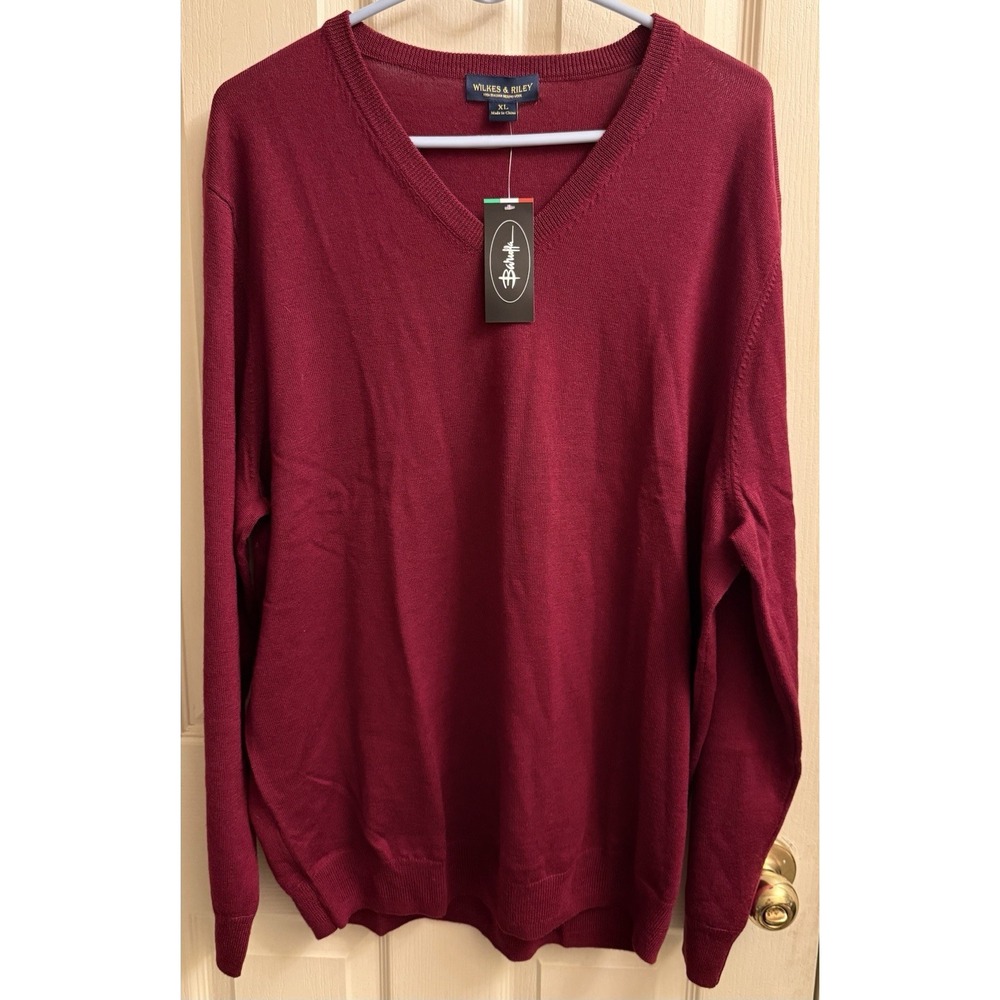 Wilkes & Riley Men's V Neck Sweater Size XL Burgundy 100% Italian Merino Wool‎